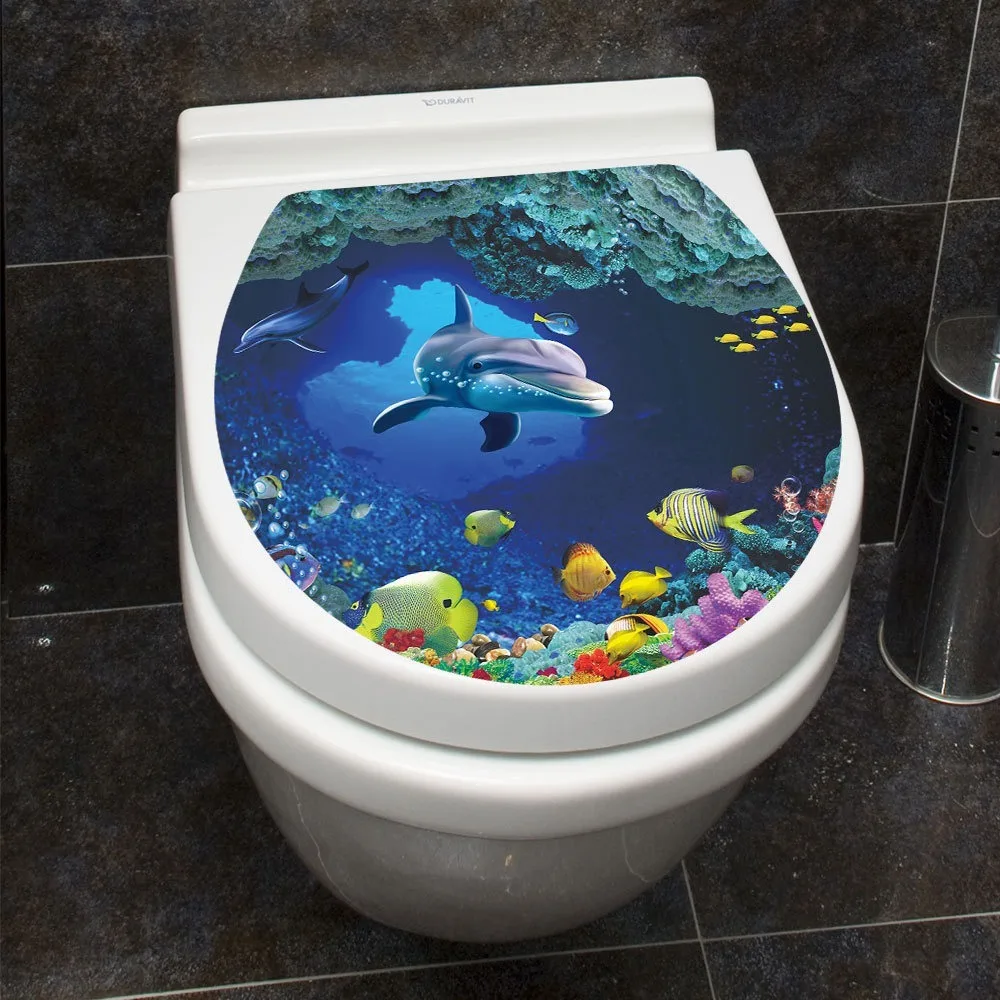 Art Sea World Toilet Seat Sticker Sea Fish Waterproof Bathroom Decor Sticker Removable Self Adhesive Home Decor 1PC