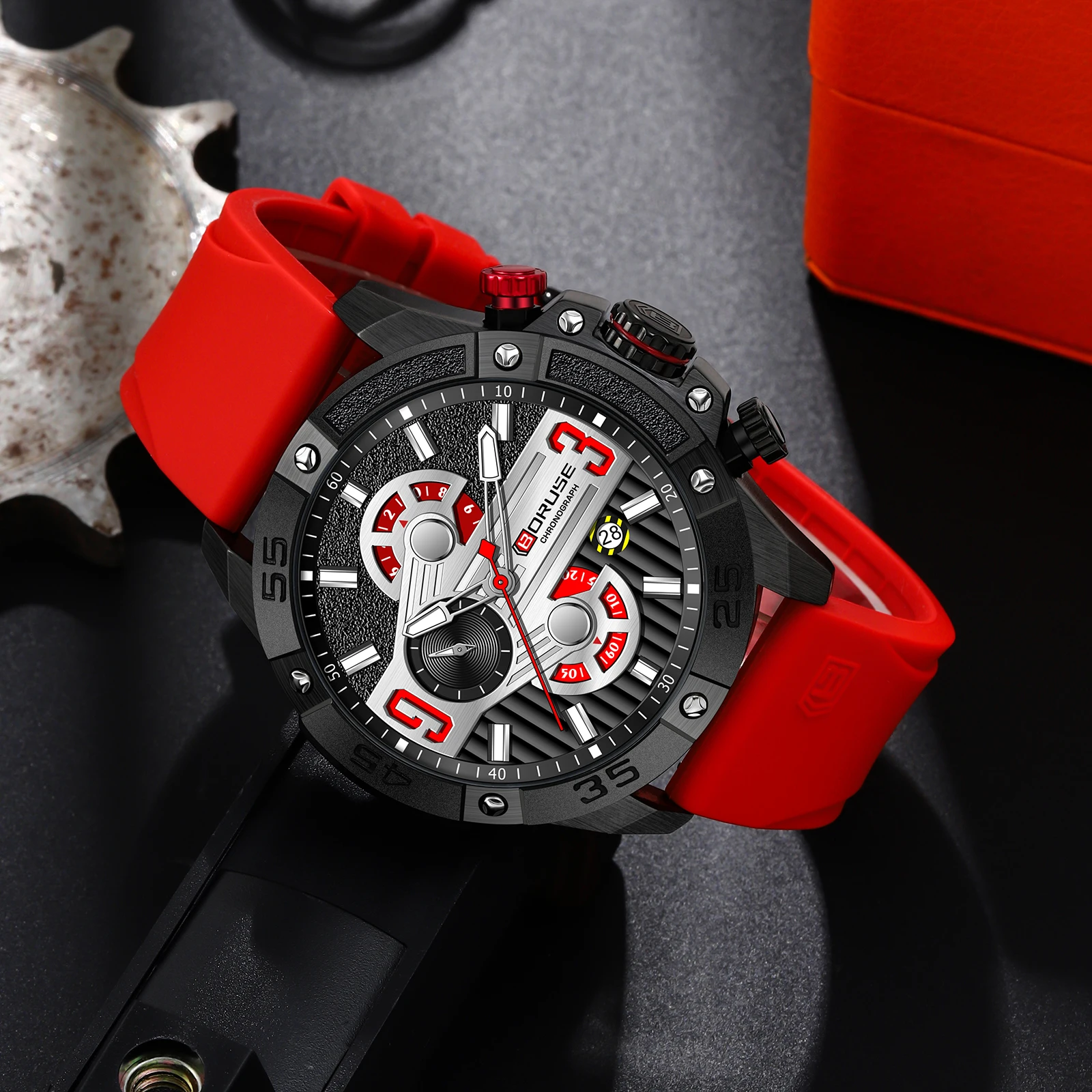 BORUSE Men Sport Silicone Quartz Wristwatch Chronograph Military Mens Watches Waterproof Luminous Date Clock Watch for Men
