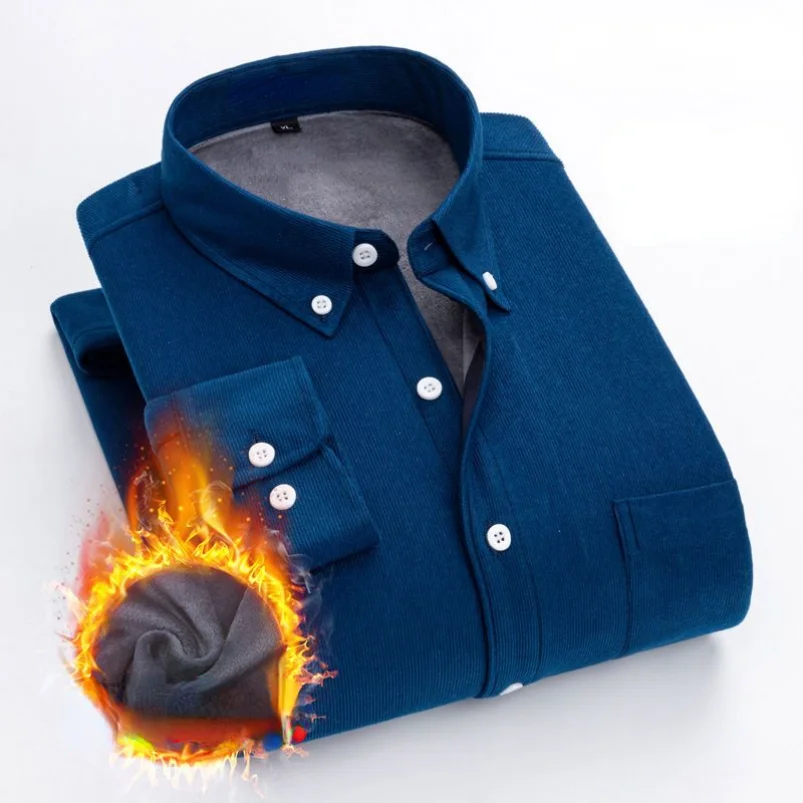 

Men's Solid Corduroy Shirt Winter Fleece Warm Casual Long Sleeve Shirt Soft Slim Fit Stylish Brand Man Blue Black Smart Yyqwsj