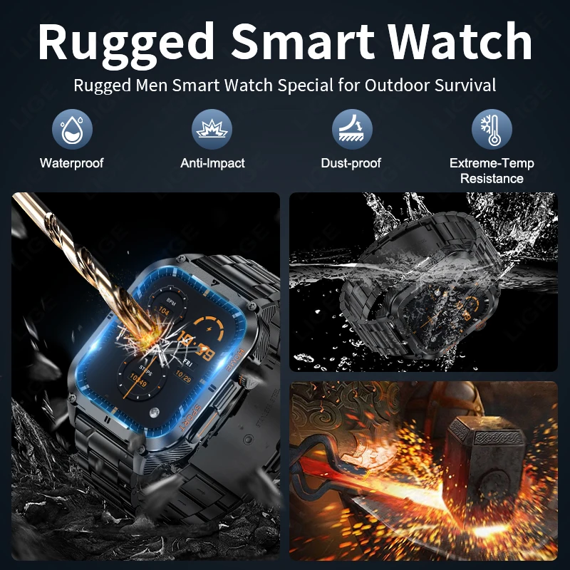 LIGE Men Smart Watch Military 2.01'' Large Screen Health Monitor Bluetooth Call Watches Waterproof Sports Smartwatch For Android
