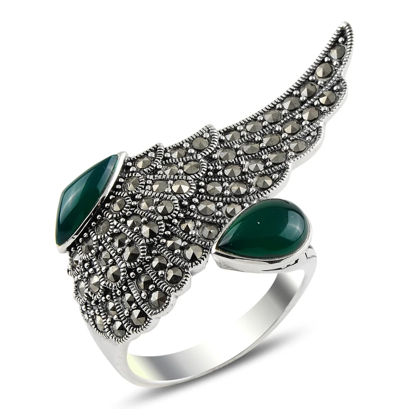 

Silver 925 Sterling Green Agate & Marcasite Ring