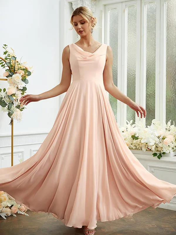 Classy Long Chiffon Peach Cowl Neck Bridesmaid Dresses A-Line