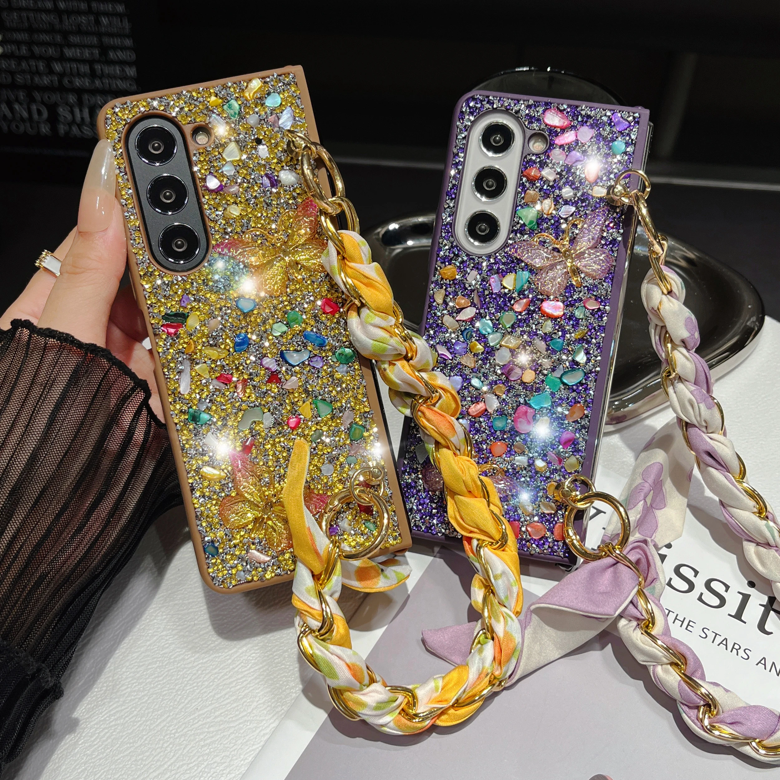 Cute Girl Colorful Butterfly Stone Diamond Glitter Phone Case Cover For Samsung Galaxy Z Fold 3 4 5 6_voghion.com