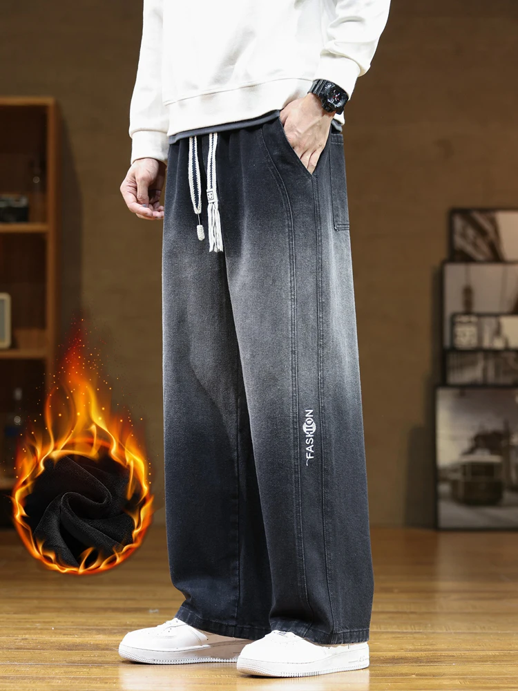 

2024 Winter New Men's Jeans Thicken Velvet Warm Denim Pants Wide-Leg Straight Thermal Fleece Baggy Jean Trousers Plus SIze 8XL