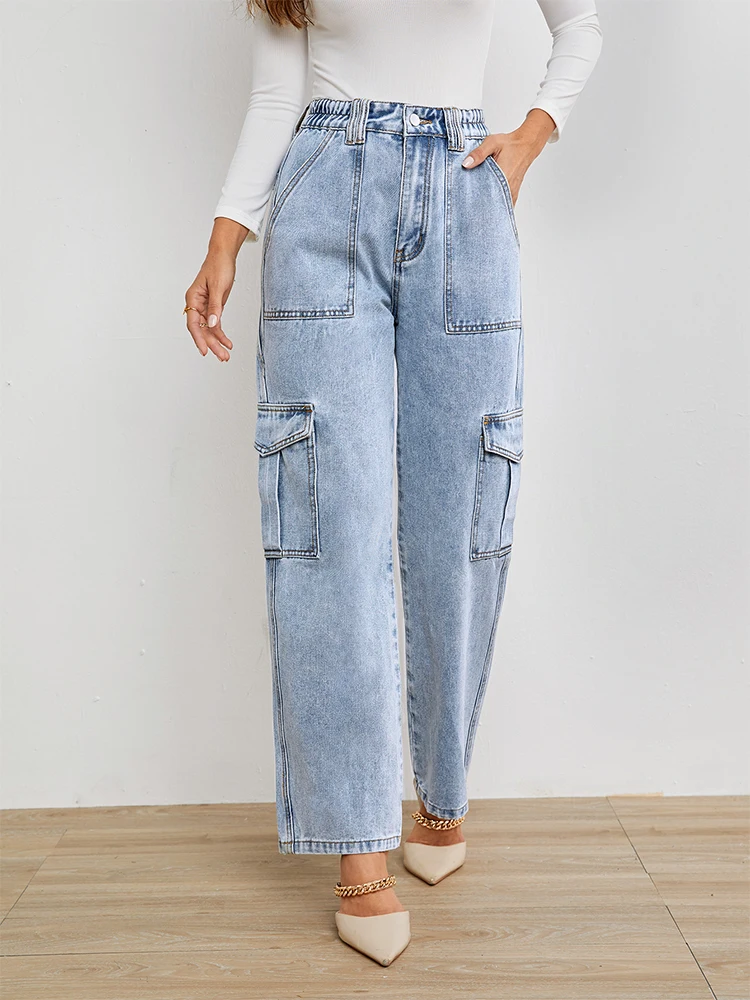 Denimcolab 여성용 루즈한 데민 청바지, 하이웨이스트 멀티 포켓 와이드 레그 데님 바지, 여성용 스트리트웨어, 코튼 솔리드 청바지, 패션