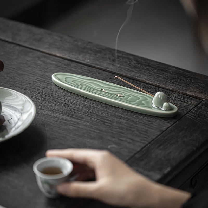0032 Celadon Ceramic Leaf Incense Burner Household Indoor Study Room Purifying Air Water Ripple Ceramic Incense Burner