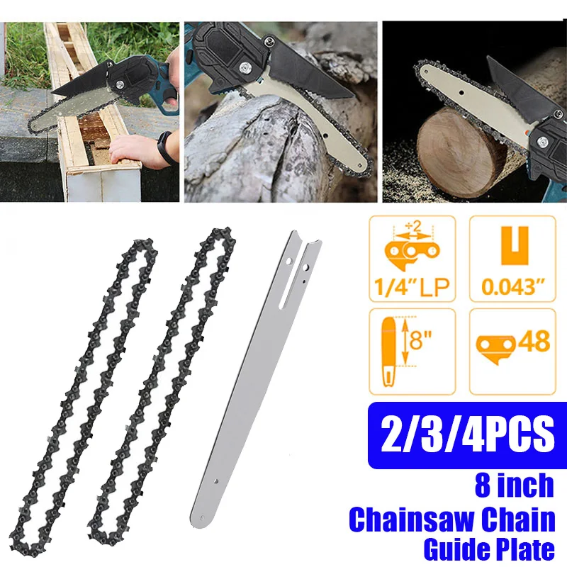 2/3/4 PCS 8 inch Metal Chainsaw Chain 1/4" Pitch 48 DL 0.043" Gauge 24 Cutters Electric Saw Kit Replacement Blades & Guide Plate