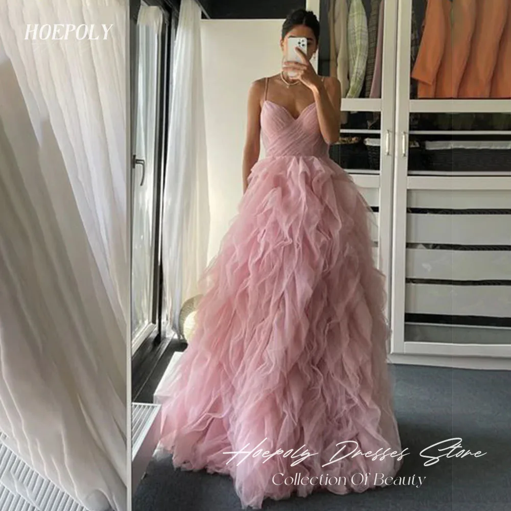 

Hoepoly Simple Spaghetti Straps Evening Dress Pleat Prom Dress A-line Sleeveless Tulle V-neck For Elegant Women Custom Made 2023