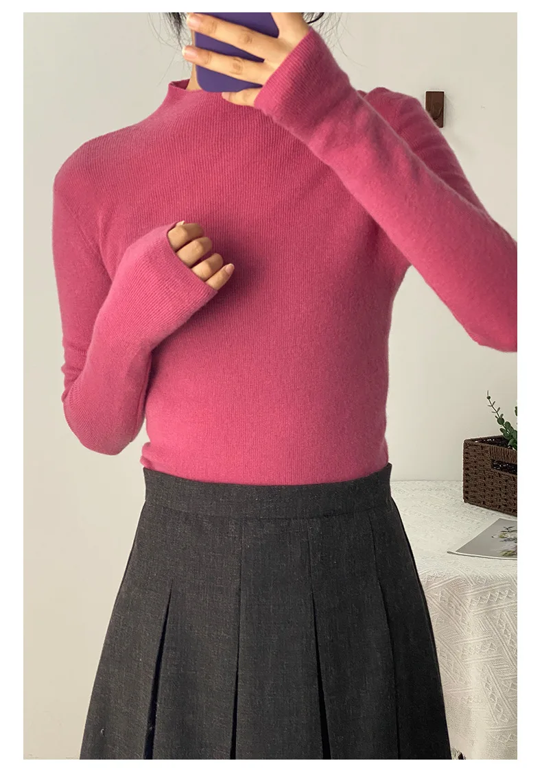 100% Ultra-fine Merino Wool Sweater Autumn and Winter Loose and Simple Semi-turtleneck Wool Bottoming Shirt Multi-color Sweater 2