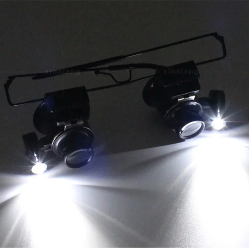 Professional 20X Magnifier Double Eye Glasses Type Watch Repair Jeweler Inspect Tool Magnifier with Two Adjustable LED Lights