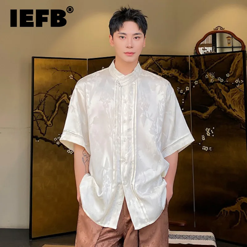 

IEFB Men's Short Sleeve Shirt Chinese Style Jacquard Stand Collar Tassel Design Trend Fashion Loose Casual Top 2024 New 9C5610