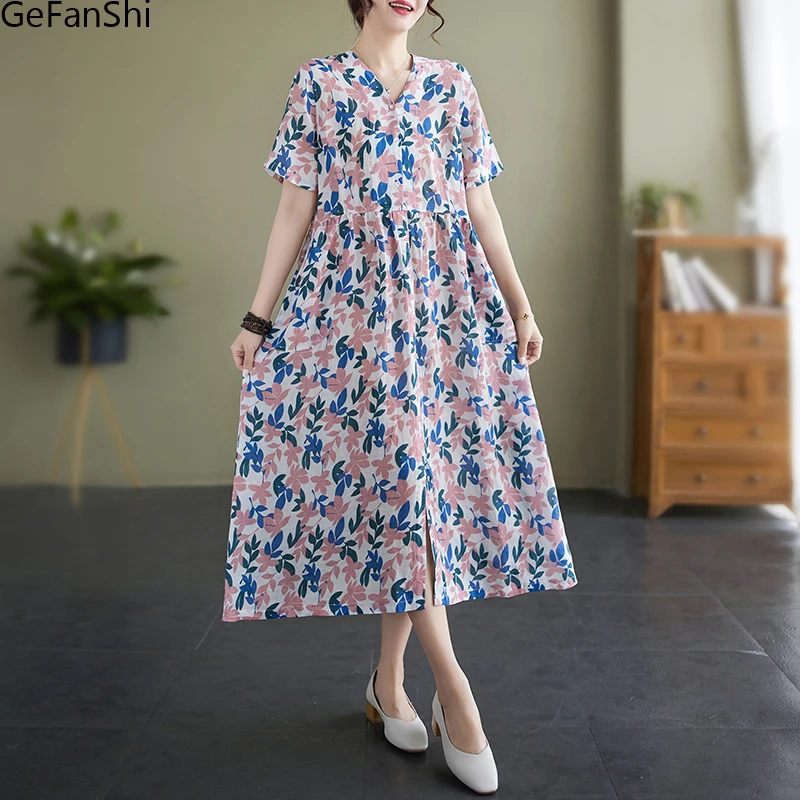 

2023 Summer Korean Vintage Print V-neck Dresses Women Short Sleeve Casual Loose Cotton Linen Dress Elegant Vestidos Robe Femme