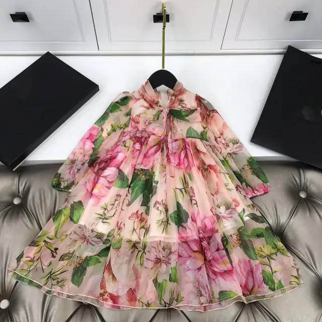 Printemps automne enfants gitls robe à fleurs en mousseline de soie voilet matériel avec intérieur pur coton robes de princesse boutique enfants vêtements 1