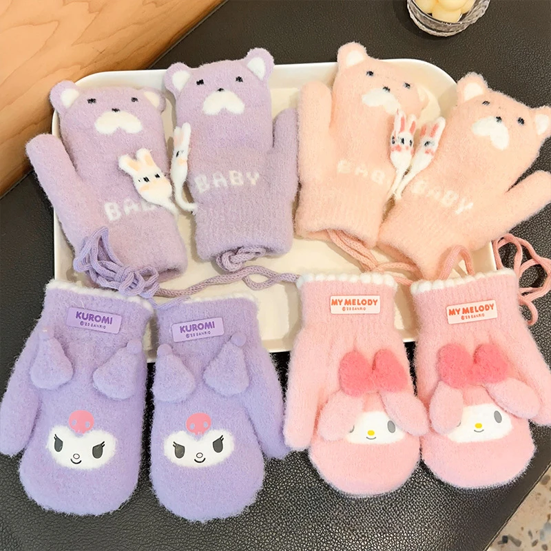 

Kawaii Anime Sanrio Gloves Kuromi My Melody Child Cartoon Plush Halter Gloves Autumn Winter Plus Velvet Thicken Keep Warm Gloves