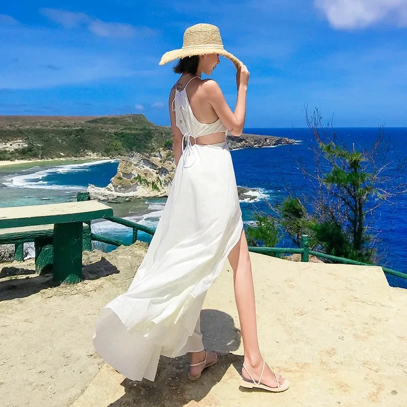 Women Thailand Bali Maldive Long Dress Beach Vacation Tropical Dress Lady  Korea Trendy Halter Hollow Out White Sweet Fairy Dress - AliExpress  200000345