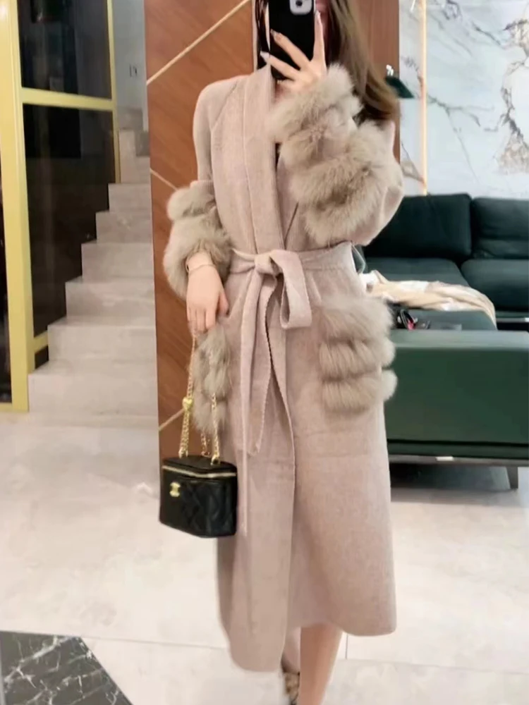 

Women Autumn Real Fox Fur Knitting OverSize Loose Spring Fox Fur Strip Sewed Outside Decoration Lady's Long Sweater Coat