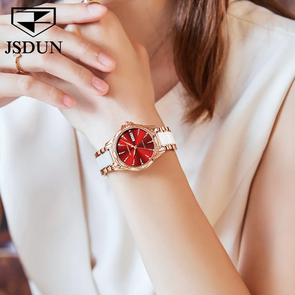 JSDUN 8821 Automatic Watch For Women Ceramic Steel Strap Dual Calendar Ladies Mechanical Wristwatch Classic Waterproof Watches