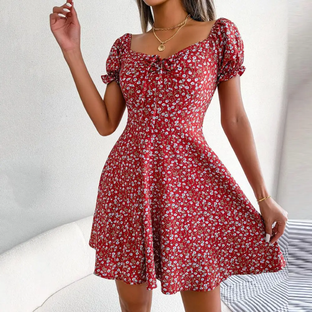 

Spring Summer Square Collar Floral Ruffles Mini Dress Women Casual Flare Sleeves Drawstring Lace up Print A Line Dress