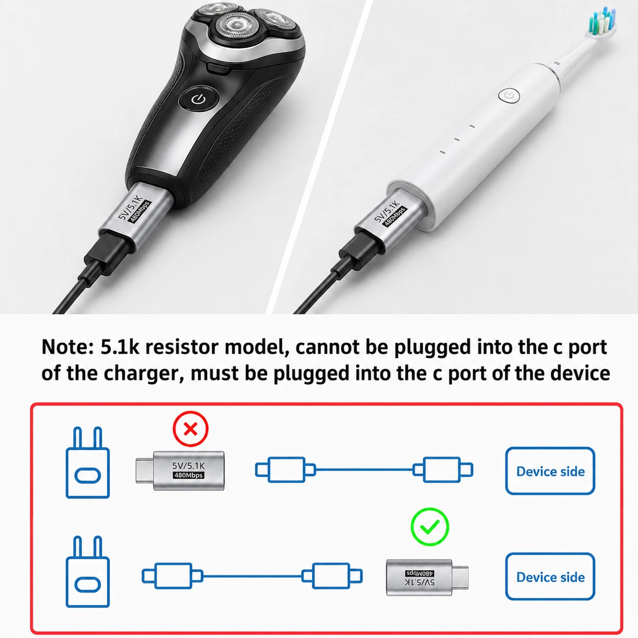 5.1K 저항기 USB C 남성-여성 어댑터 5V 타입 C 충전 컨버터 (면도기, 트리머, 헤드폰, 팬, 전동 드라이버용)