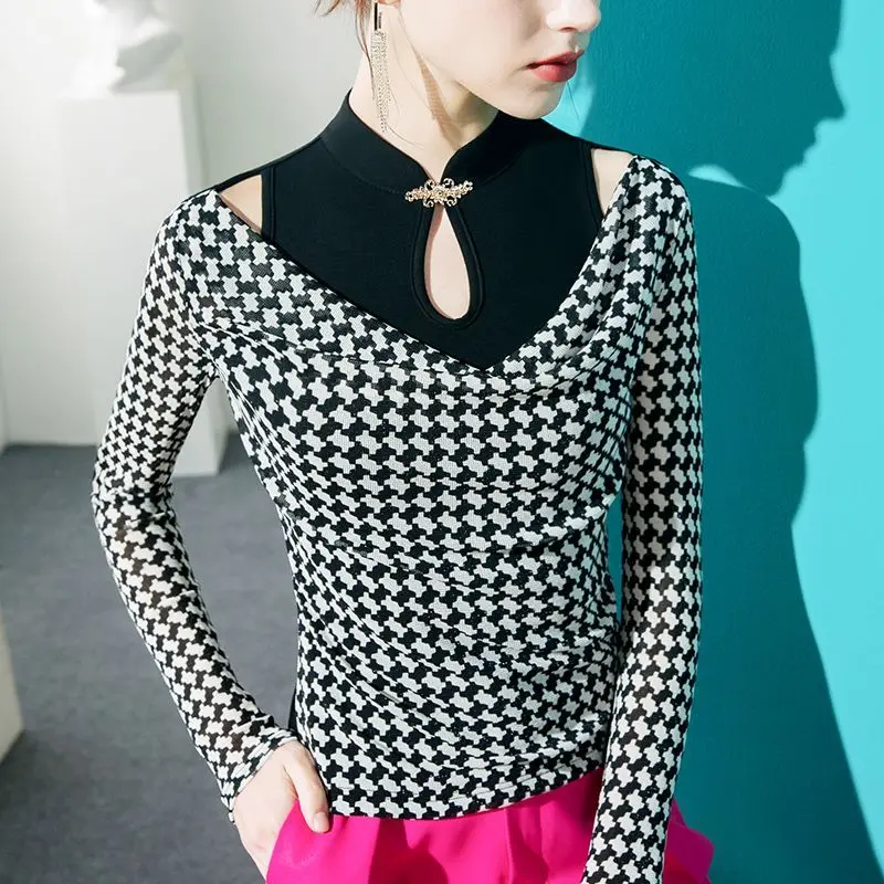 Fashion Printed Button Hollow Out Houndstooth Blouse Women's Clothing 2023 Autumn Winter New Casual Pullovers Office Lady Shirt