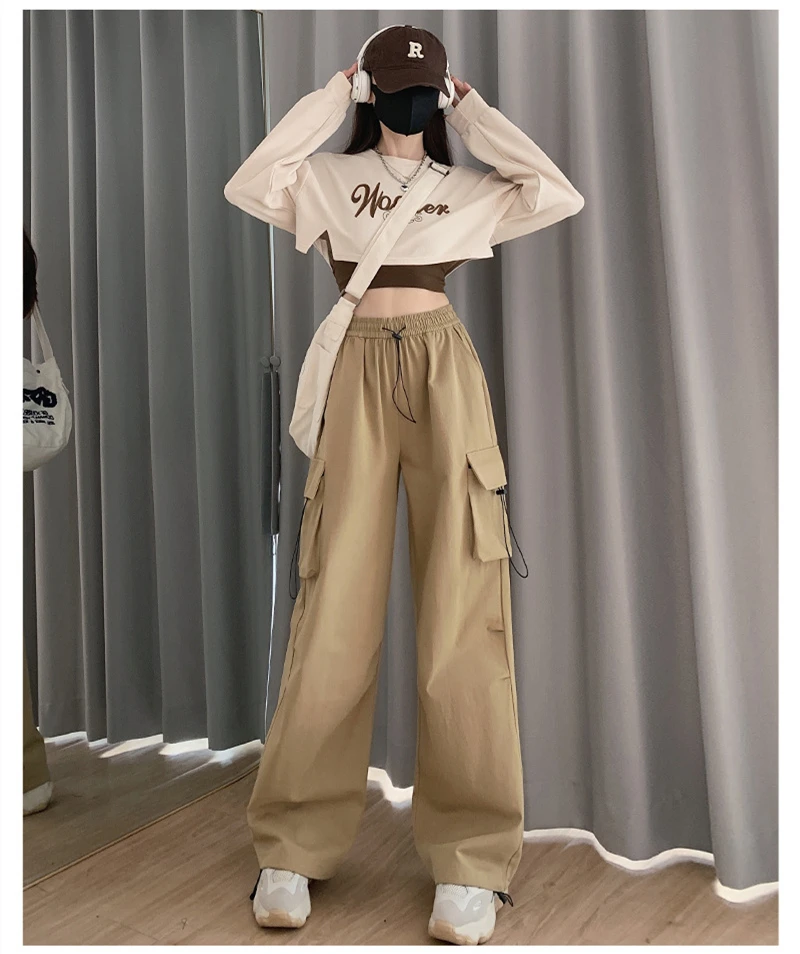 new autumn winter cotton Fashion casual loose brand female women girls stretch waist wide leg cargo pants