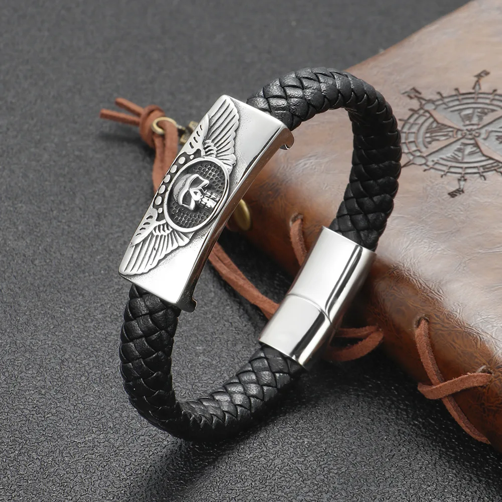 

Stainless Steel Leather Bracelet Men's Wings Skull Bracelet European and American Braided Leather Lovers Gift