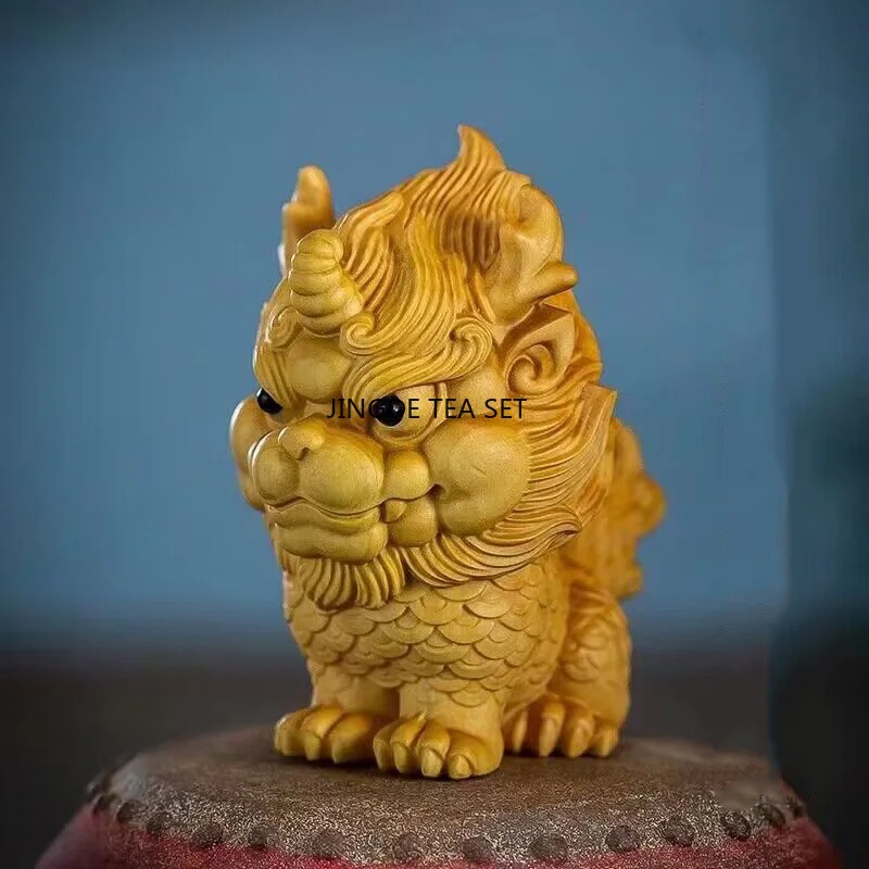 3.8x2.5x4.8cm Solid Wood Carving Auspicious Qilin Small Statue Chinese Exorcism Divine Beast Home Art Crafts