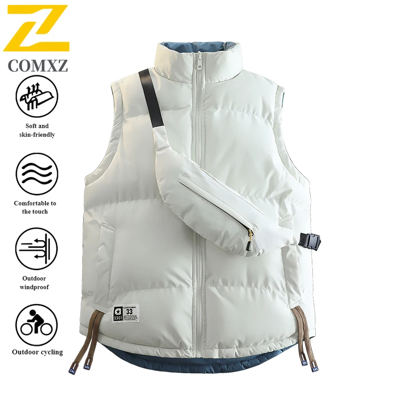 Men Women Reversible Sleeveless Vest Winter Warm Puffer Jacket Youth Fashion Backpack Vest Students Outdoor Down Cotton Vest