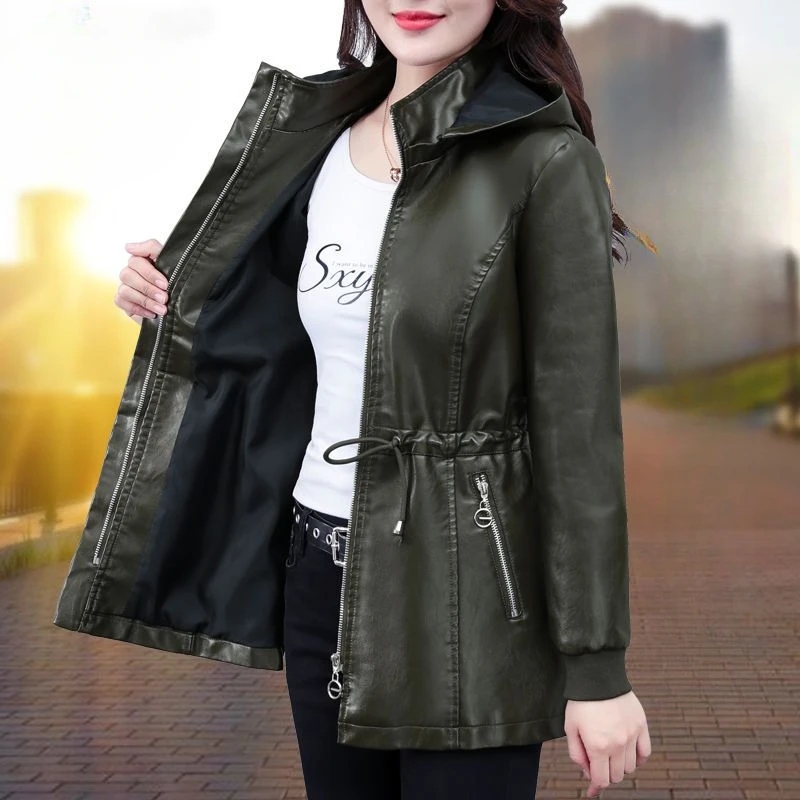 2023 Autumn New Women Leather Coat Mid-Length Large Size Loose Casual PU Trench Coat Female Fashion Detachable Hooded Jacket