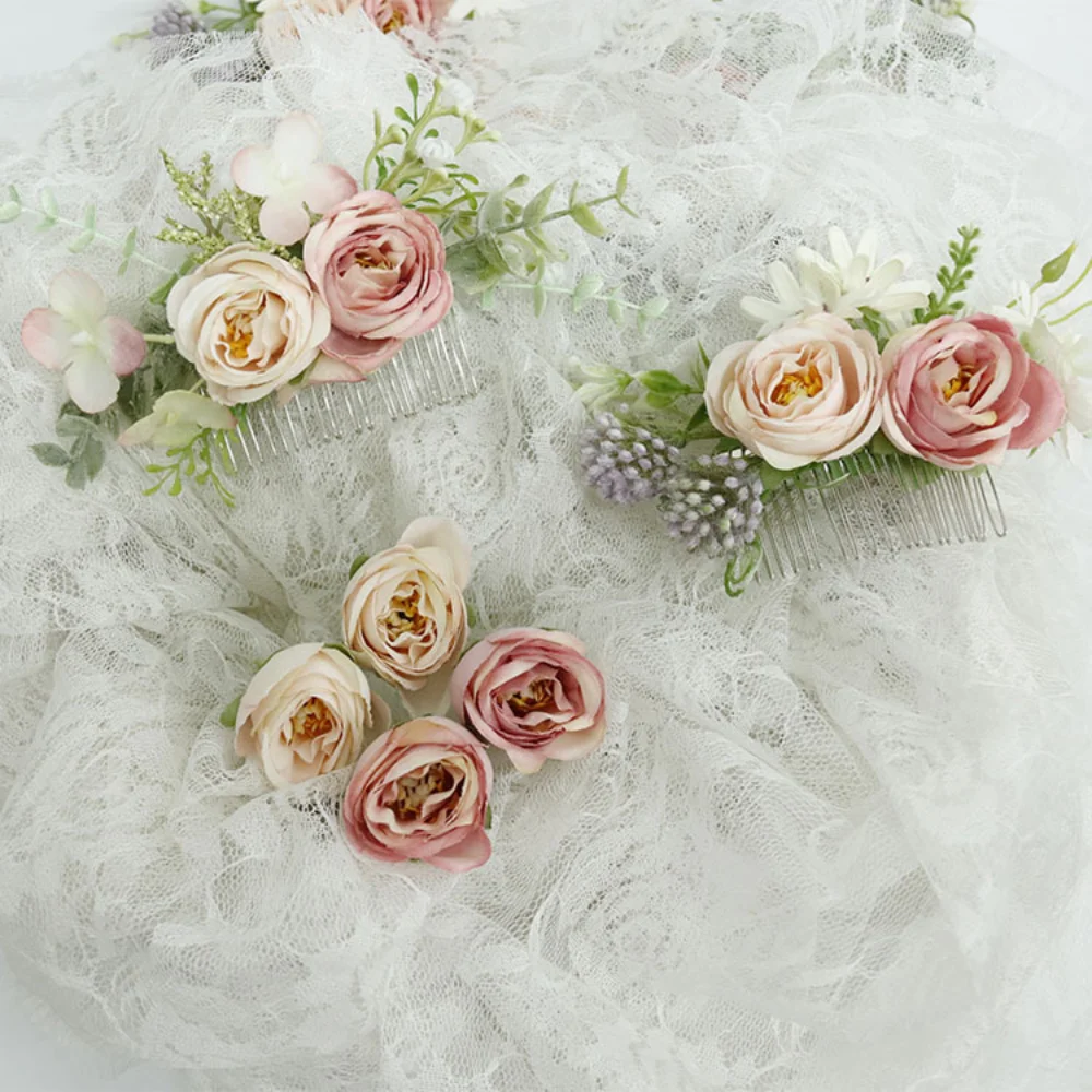 Vintage Pink Silk Rose Bridal Headwear for Wedding Handmade Hair Comb Set Florals Green Leaves Pisn tocado para cabello novia