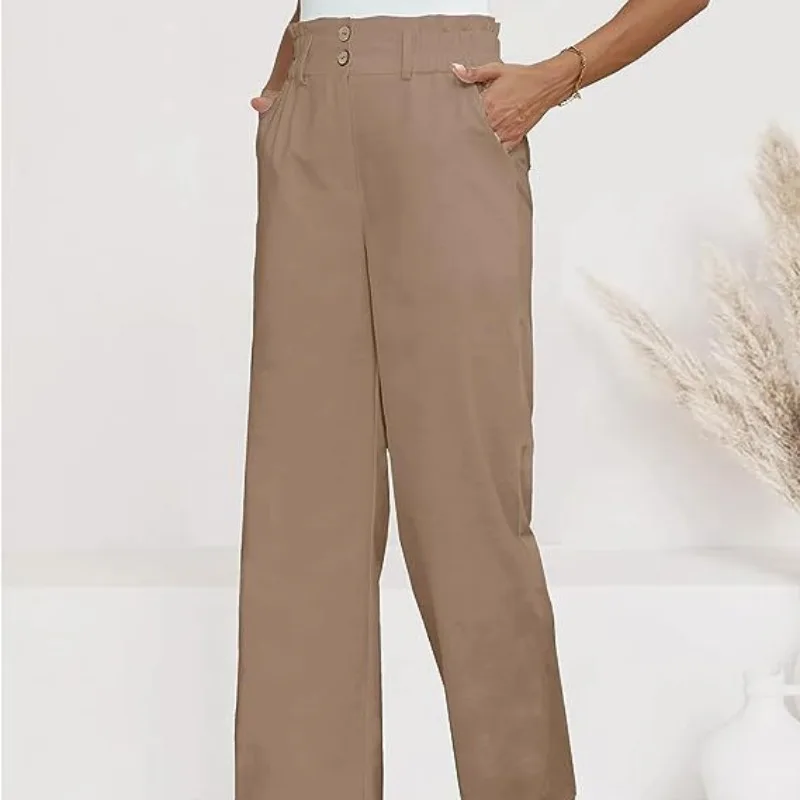 2023 Autumn Women's Elastic Waist Solid Button Pocket Patchwork Elastic Ruffles Loose Office Lady Elegant Fashion Casual Pants