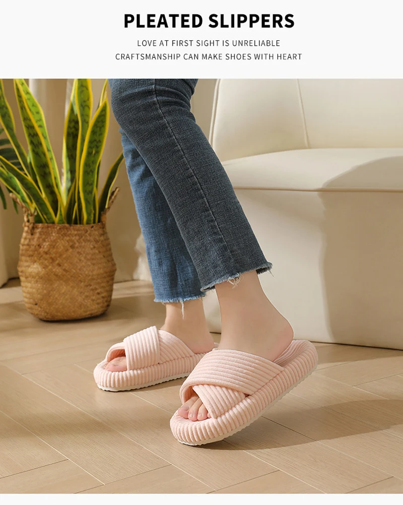 Einfarbig Gestreifte Cord Hausschuhe für Frauen Mode Cross Strap Innen Rutschen Frau Dicke Sohle Unisex Schlafzimmer Hausschuhe – Detail 10