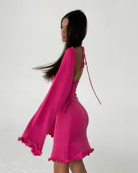 Cryptographic Sexy Backless Knitted Sweater Mini Dress Elegant Fashion Outfits Edible Tree Fungus Solid Long Sleeve Dresses Chic - Image 2