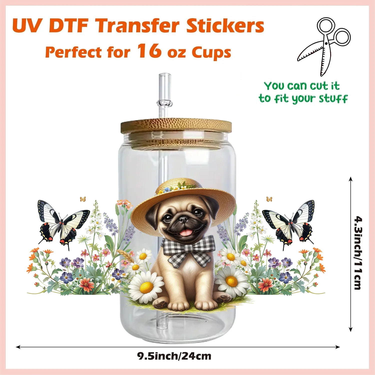 Lovely dog peel waterproof DIY Decals 3D transfers uvdtf crystal stickers 16oz uv dtf cup wraps for Libbey Glasses 3d Stickers Cup Wraps Uv Dtf Wrap Transfer