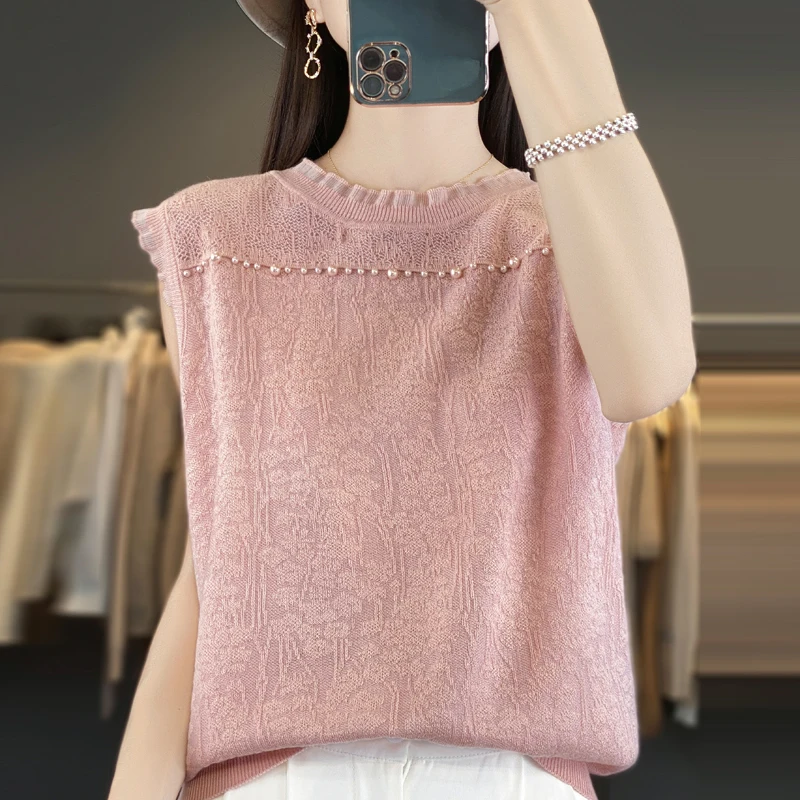 

2024 Spring Summer New Knitwear Women's Lace Round Neck Spinning Wool Loose Solid Color Hollow Carved Pullover Sleeveless Top