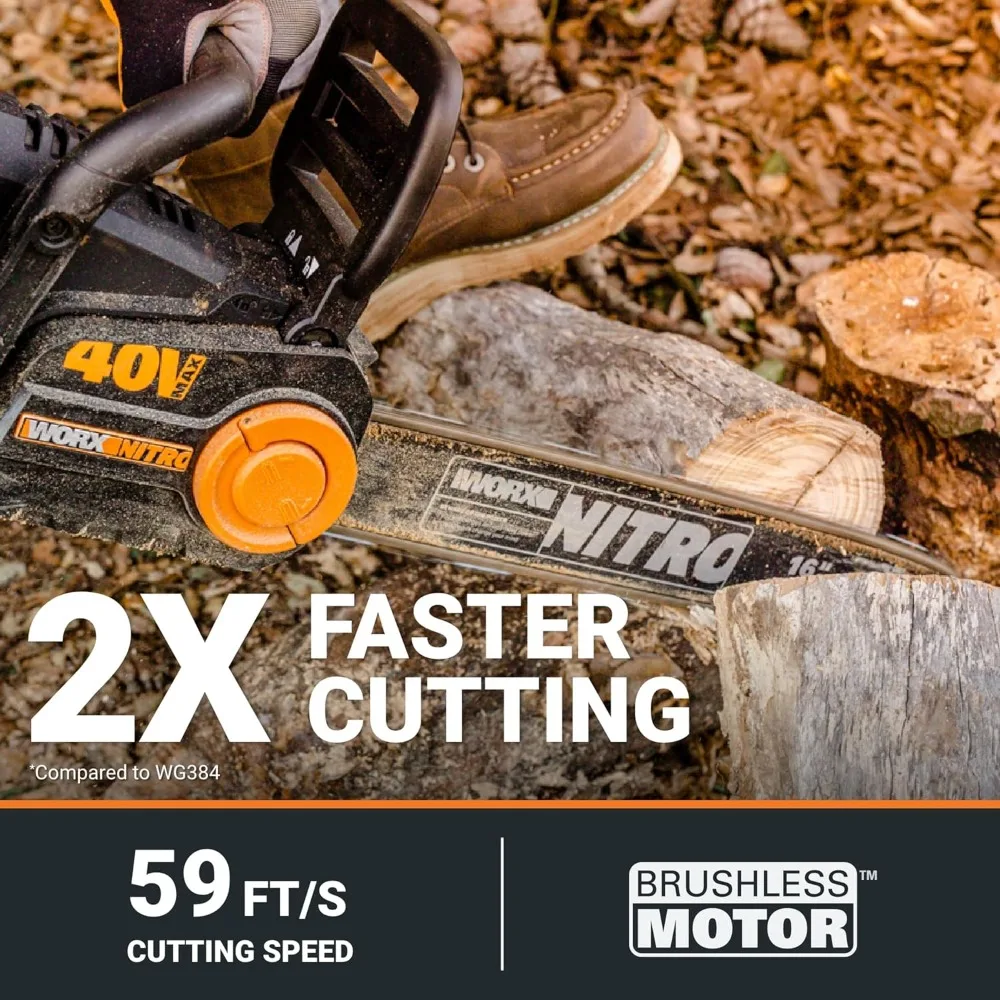 40V 16" Cordless Chainsaw WG385 Power Share Battery Chainsaw 59 ft/s Chain Speed Dual Safety Protection 2