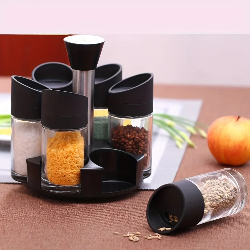 360° Revolving Spice Rack With 6 Glass Jars | Countertop Seasoning Organizer Tower, Spices Not Included