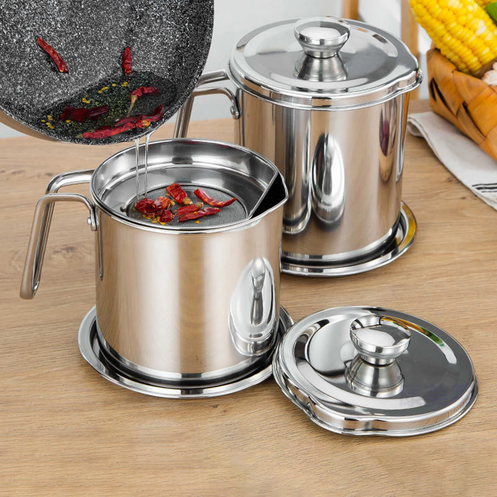 2L Stainless Steel Oil Filter Pot Lard Strainer Storage Tank Separator Grease Can Container Jug Cooking Tools
