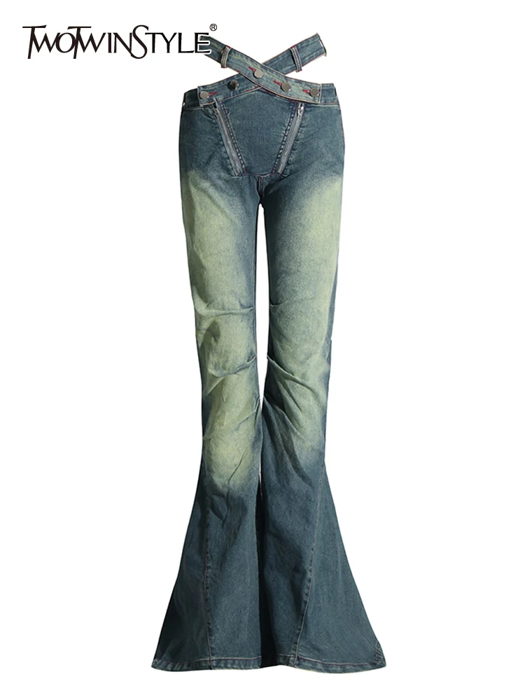 

TWOTWINSTYLE Vintage Casual Flare Jeans For Women High Waist Full Length Hollow Out Patchwork Folds Pant Female Fashion Clothing