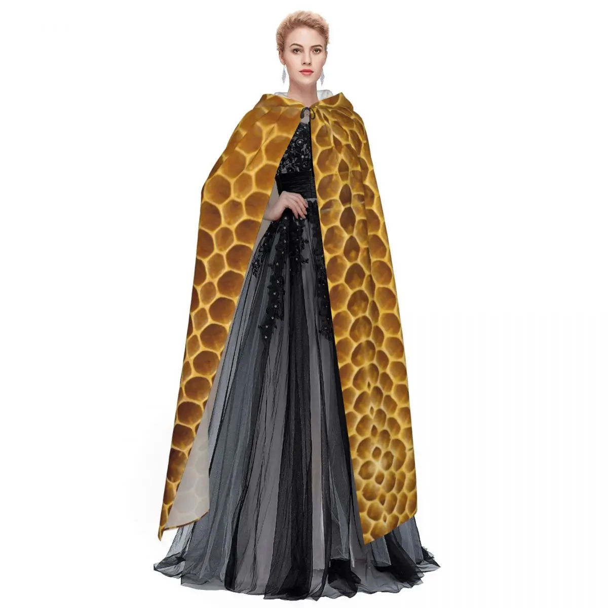 Unisex Adult Yellow Honeycomb Texture Cloak with Hood Long Witch 