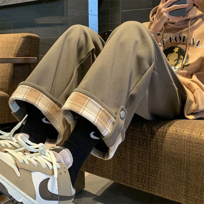 Men's Clothing 2023 Autumn and Winter New Fashion Drawstring Splice Button Solid Color Versatile Oversize Casual Wide Leg Pants