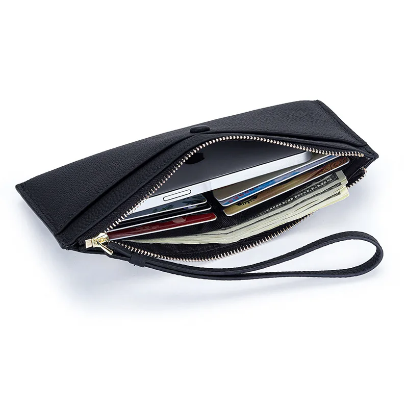 Cowhide Long Women Wallet Large Capacity Genuine Cow Leather Envelope Slim Clutch Phone Purse Fashion Zipper Money Bag Billfold