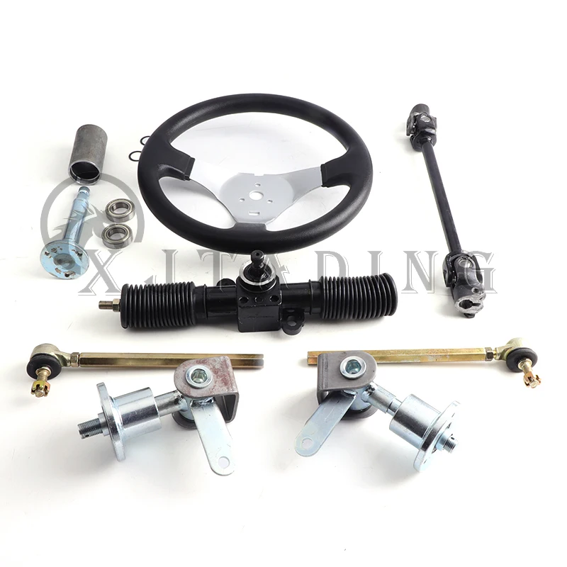 ATV 300mm Steering Wheel Assembly 330mm Gear Rack Pinion 380mm U Joint Tie Rod Knuckle Assy For Chinese 110cc Go Kart Quad Parts 210mm 535mm 30t 15mm power steering gear shaft rack pinion knuckle go kart chinese atv quad golf cart 4 wheel spare parts