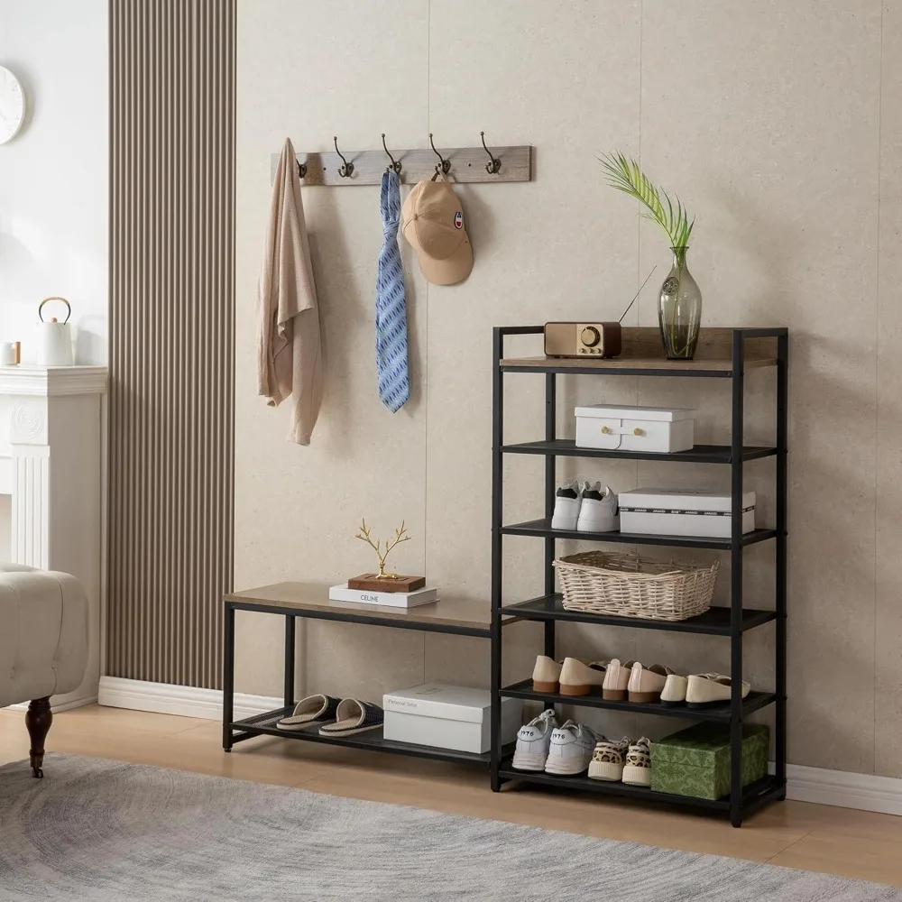 6-tier coat rack shoe bench set, entryway bench with 6 hooks coat rack, hall tree and shoe storage for entryway, hallway, garage