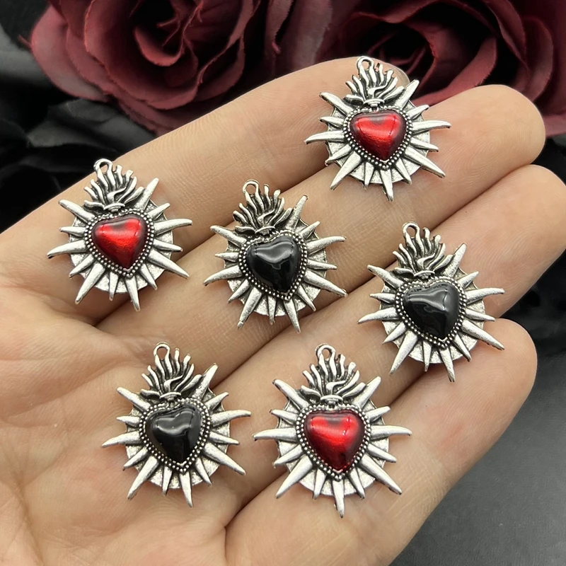 

6pcs Flaming Sacred Heart Charms Enamel Thorns Sacred Heart Pendant Designer Charms Fit Jewelry Making DIY Jewelry Findings
