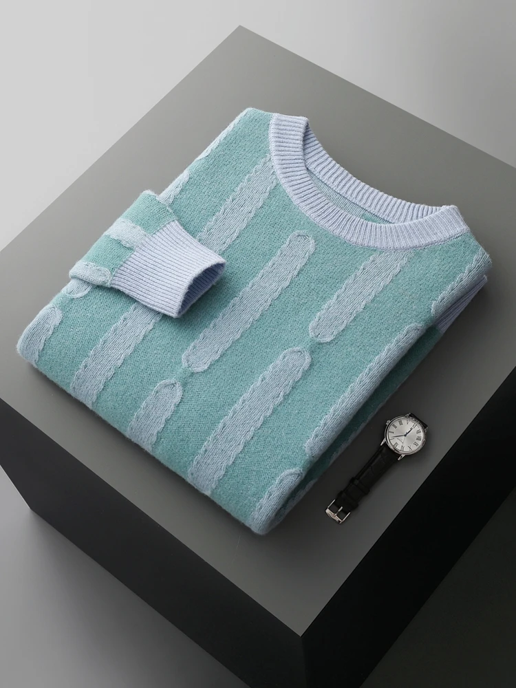New High Quality Men's Thick Pullover Jacquard Sweater Autumn Winter 100% Merino Wool Knitwear O-Neck  Soft Casual Popular Tops 5
