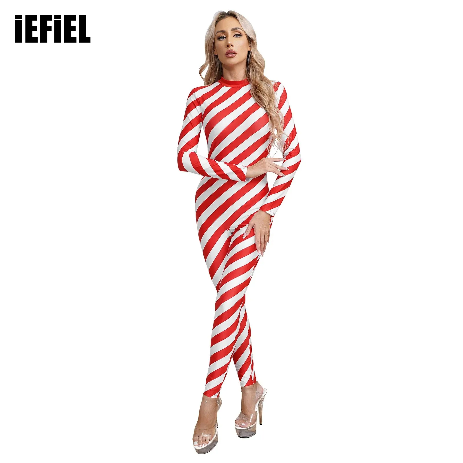 

Womens Christmas Candy Cane Bodysuit Costume Mock Neck Long Sleeve Back Zipper Contrast Unitard Jumpsuit for Xmas Cosplay Party