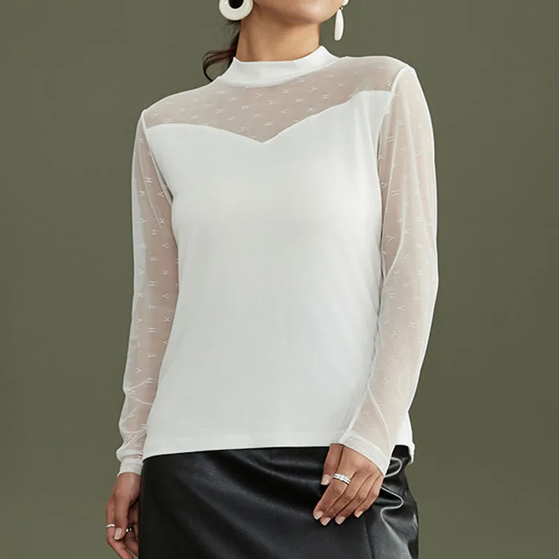 

Женская Кружевная футболка с длинным рукавом, сезон весна-осень, сексуальный сетчатый прозрачный пуловер, топы, облегающие футболки, женские повседневные блузки