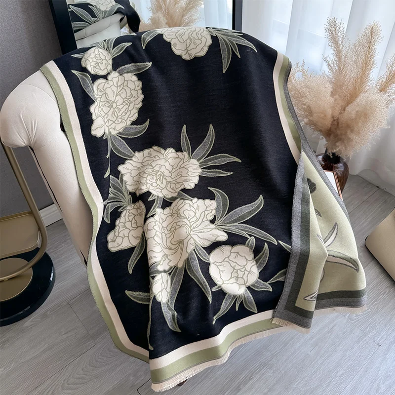 Thick Floral Print Scarf Faux Cashmere Women Luxury Warm Travel Blanket Shawl Designer 2024 New muffler neckerchief