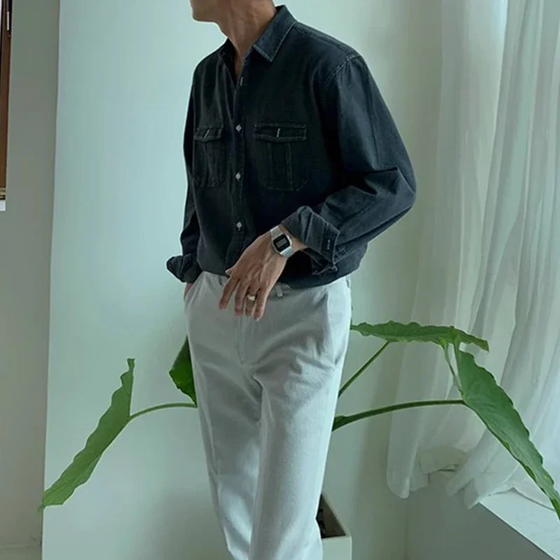 Denim Shirt Long Sleeve Patchwork Pockets Button Cardigans For Men